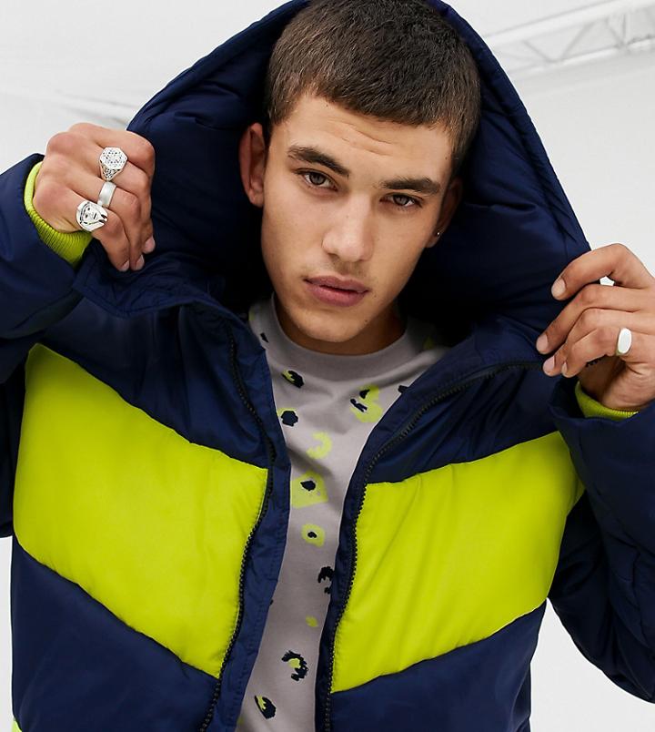 Collusion Tall Color Blocked Puffer Jacket In Navy - Navy