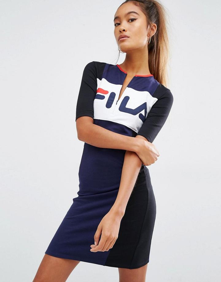 Fila T-shirt Dress With Zip Front In Color Block - Black