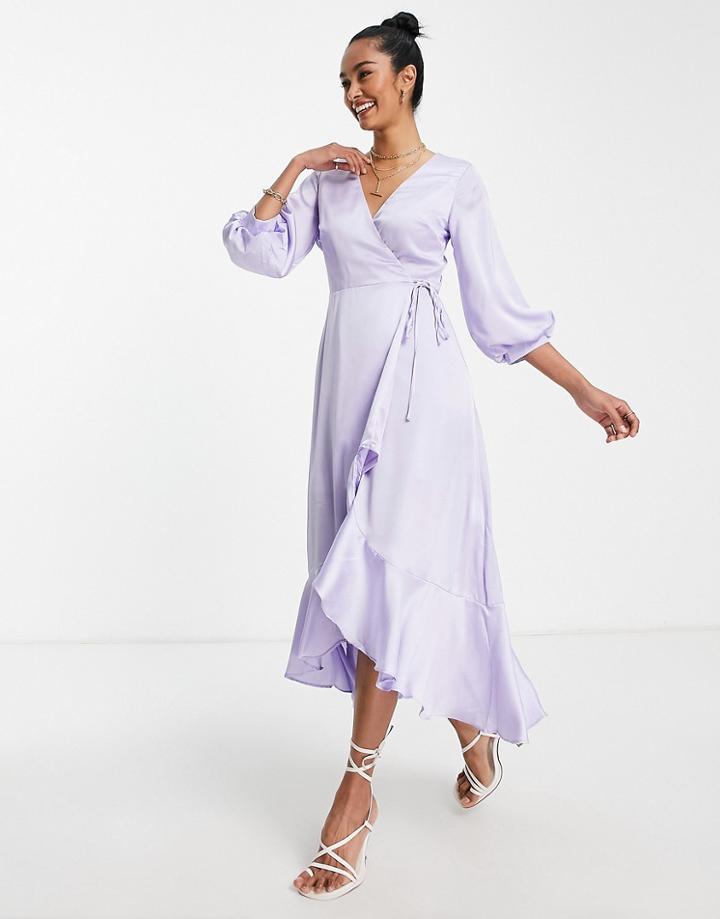 Liquorish Bridesmaid Satin Wrap Midi Dress With Puff Sleeve In Dreamy Blue
