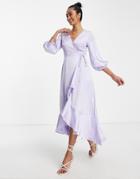 Liquorish Bridesmaid Satin Wrap Midi Dress With Puff Sleeve In Dreamy Blue