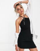 Asos Design Rib Halter Mini Dress With Seam Detail In Black