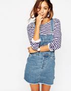 Asos Denim Classic Overall Dress With Raw Hem In Mid Wash Blue - Blue