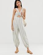 Asos Design Balloon Tie Cuff Stripe Jumpsuit-multi