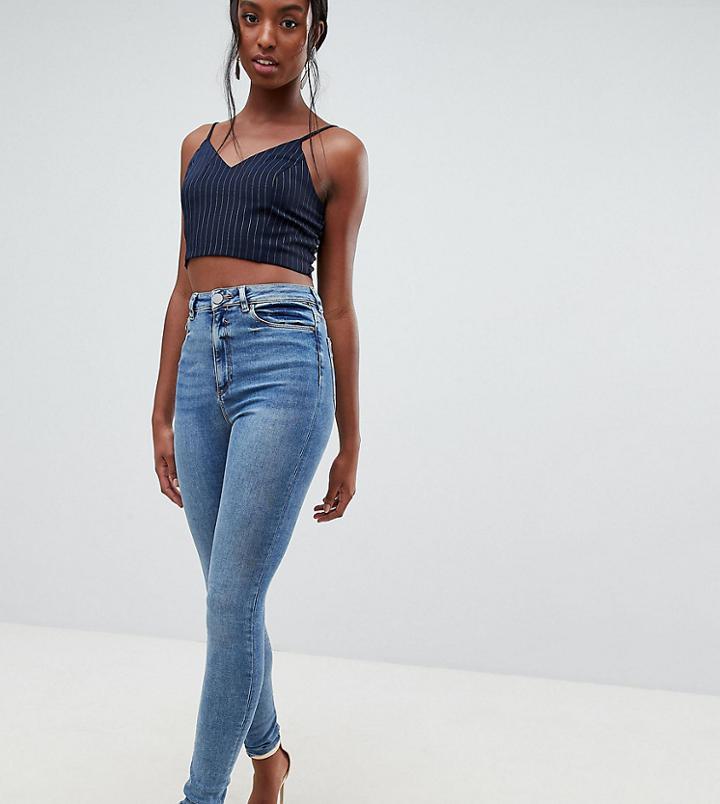 Asos Design Tall Ridley High Waist Skinny Jeans In Tana Extreme Mid Wash - Blue