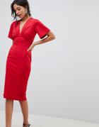 Asos Design Crepe Tea Dress With Flutter Sleeve-red