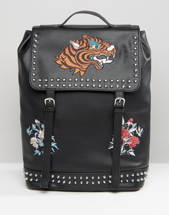 Asos Backpack In Faux Leather With Embroidery - Black
