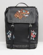 Asos Backpack In Faux Leather With Embroidery - Black