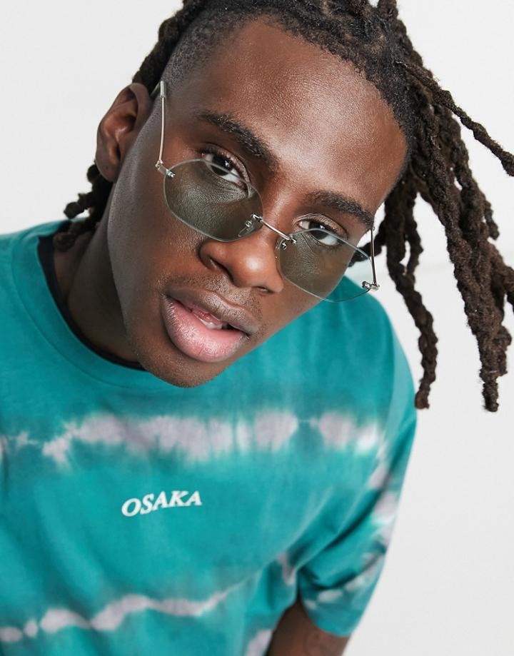 Asos Design 90s Rimless Angled Sunglasses In Silver With Light Blue Lens