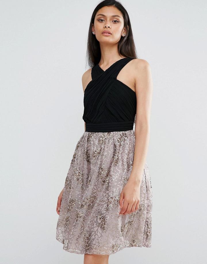 Little Mistress Skater Dress With Contrast Metallic Skirt - Black