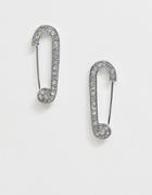 Asos Design Earrings In Crystal Safety Pin Design In Silver Tone - Silver