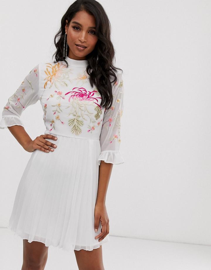 Asos Design Embroidered Pleated Mini Dress With Fluted Sleeve-white