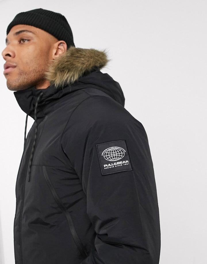 Pull & Bear Parka Jacket With Faux Fur Hood In Black
