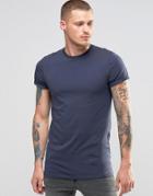 Asos Longline Muscle T-shirt With Roll Sleeve In Blue - Ombre Blue