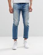Asos Slim Cropped Jeans With Abrasions In Mid Blue - Mid Blue