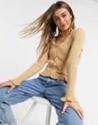 Asos Design Ribbed Cardigan With Ruffle Cuffs And Pocket Detail In Cream-red