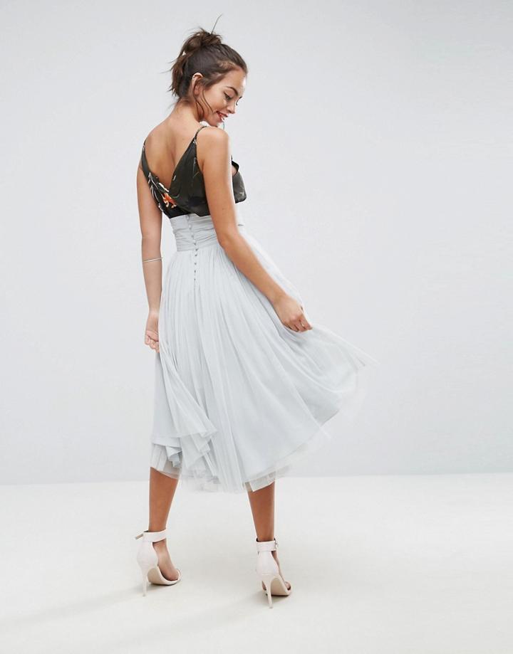 Asos Midi Tulle Skirt With Button Back Detail - Gray