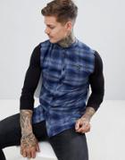 Siksilk Grandad Collar Check Shirt In Blue With Jersey Sleeves - Blue