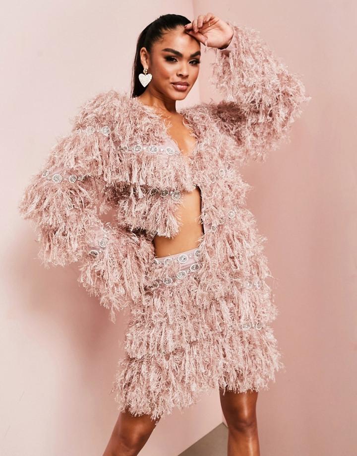 Asos Luxe Feather Look Jacket With Embellished Detail In Pink - Part Of A Set