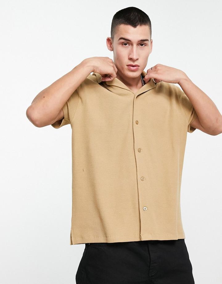 Asos Design Short Sleeve Waffle Revere In Tan-brown