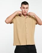 Asos Design Short Sleeve Waffle Revere In Tan-brown