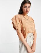 Y.a.s Organic Cotton Broderie Frill Sleeve Top In Sand-neutral