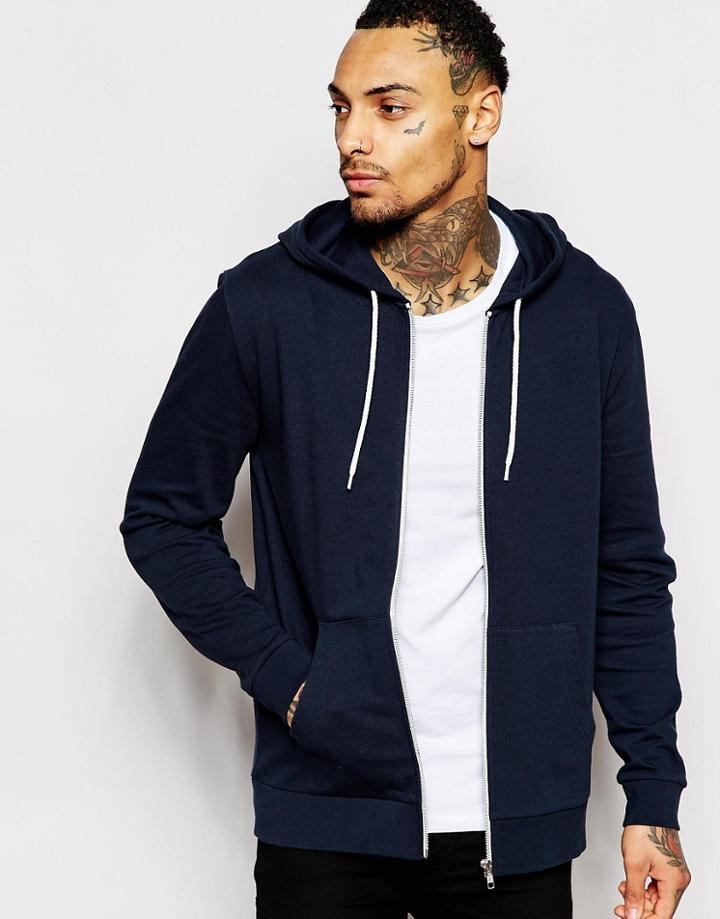 Asos Zip Up Hoodie In Navy - Blue