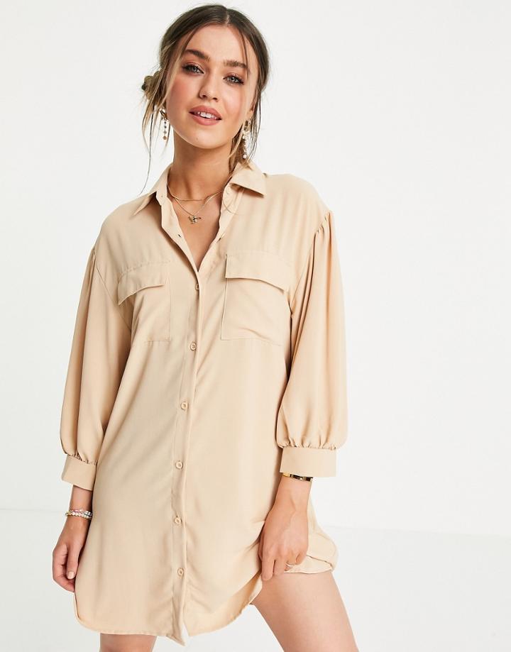 Lola May Blouson Sleeve Mini Shirt Dress In Beige-neutral