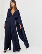 Asos Edition Cape Sleeve Jumpsuit In Satin - Navy