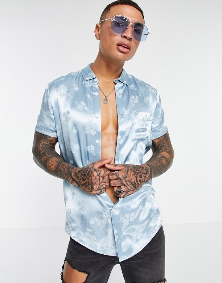 Asos Design Regular Fit Shirt In Blue Floral Jaquard-blues