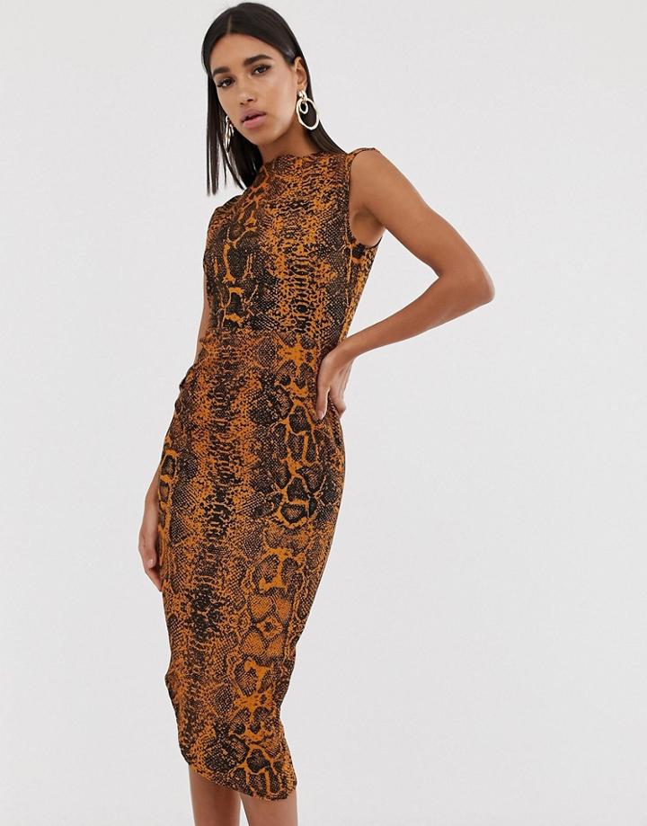 Asos Design Midi Pencil Dress With Tuck Detail In Snake Print-multi