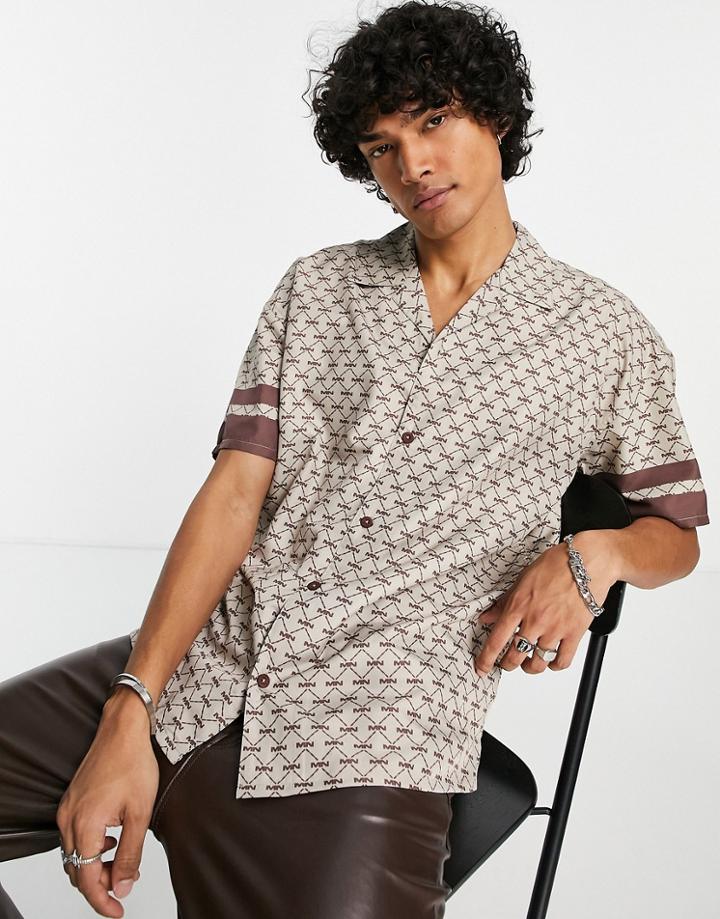 Mennace Short Sleeve Shirt In Light Brown With Monogram Print And Revere Collar