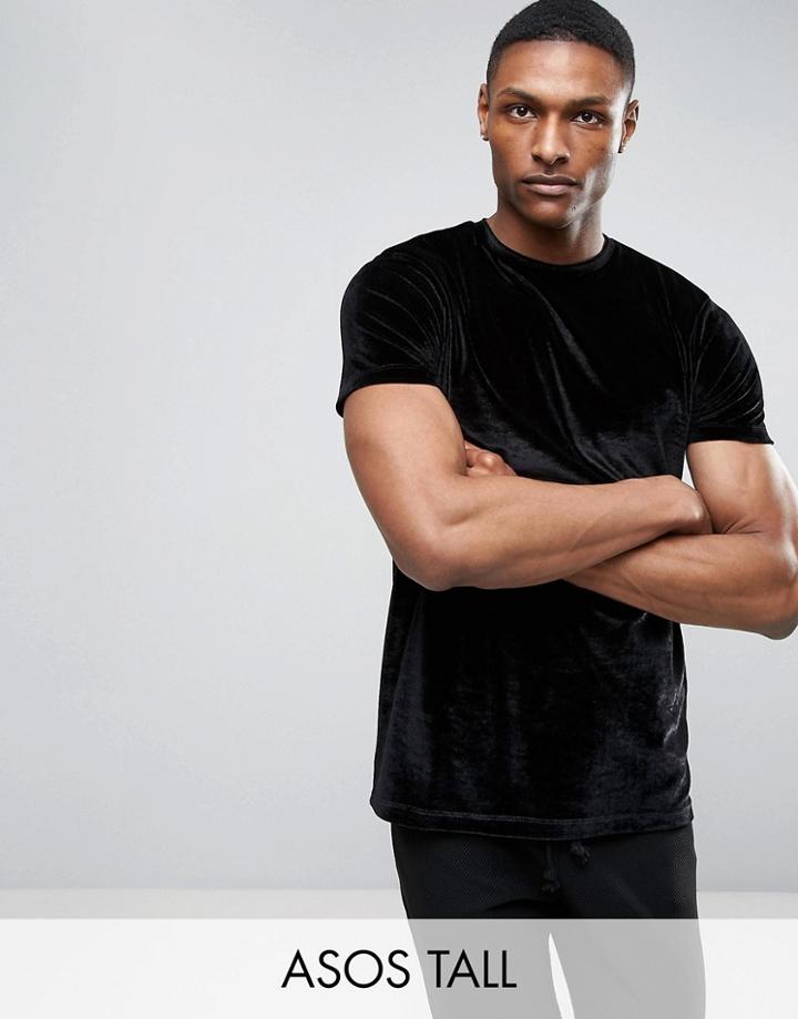 Asos Tall Longline T-shirt In Black Velour - Black