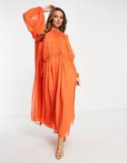 Asos Edition Gathered Neck Midi Dress In Hot Orange