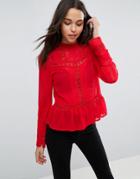 Asos High Neck Blouse With Lace Inserts - Red