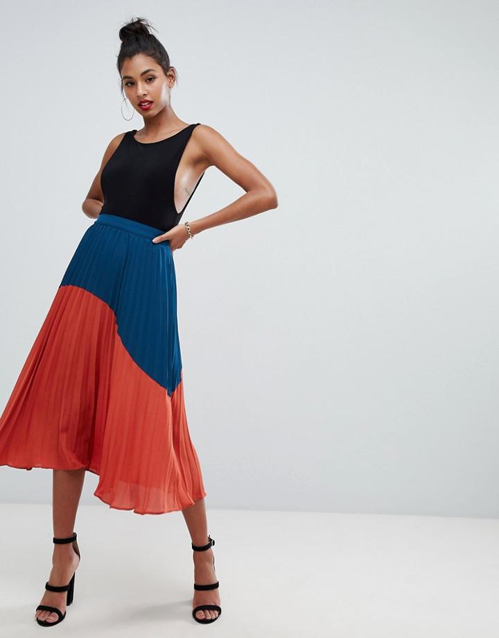 Boohoo Color Block Pleated Midi Skirt In Multi - Multi