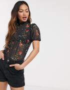 Pieces High Neck Floral T-shirt-black