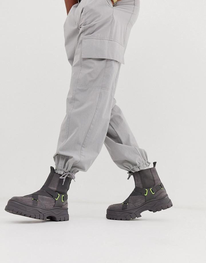 Asos Design Chelsea Boots In Gray Faux Suede With Chunky Sole And Neon Pop Detail