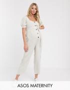 Asos Design Maternity Button Front Tie Waist Puff Sleeve Jumpsuit With Short Sleeves-stone