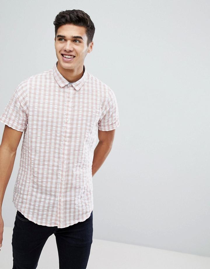 Brave Soul Seersucker Check Summer Shirt - Pink