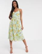 Asos Design Pleated Cami Midi Dress With Drawstring Waist In Floral Print-multi