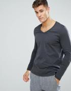 Asos Design V Neck T-shirt With Long Sleeves In Dark Grey - Black