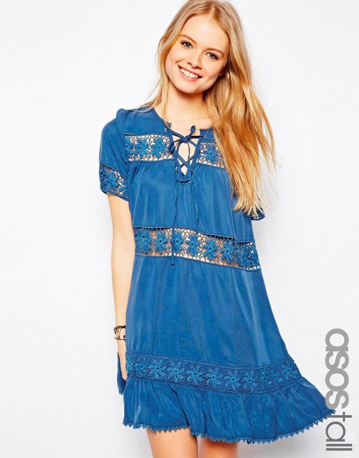 Asos Tall Premium Denim Smock Dress With Crochet Insert