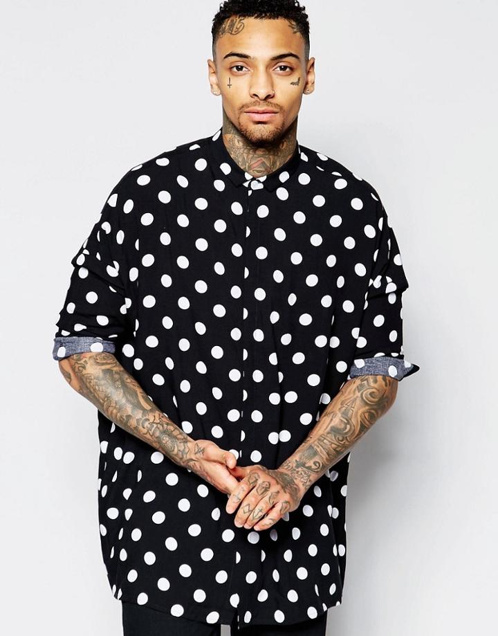 Asos Oversized Viscose Shirt With Dropped Shoulder And Polka Dots - Black