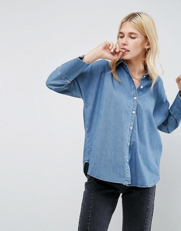 Asos Denim Shirt With Batwing Sleeve In Mid Blue Wash - Blue