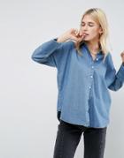 Asos Denim Shirt With Batwing Sleeve In Mid Blue Wash - Blue