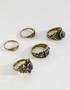 Asos Edition Chunky Ornate Ring Pack With Stones In Burnished Gold - Gold