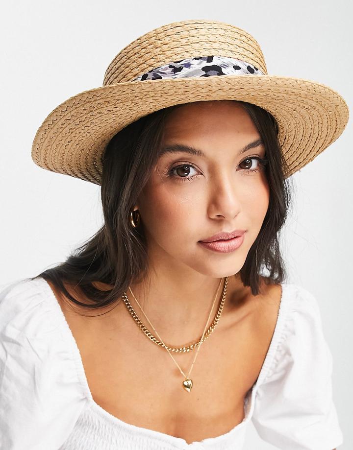 Boardmans Print Trim Boater Hat In Natural-neutral