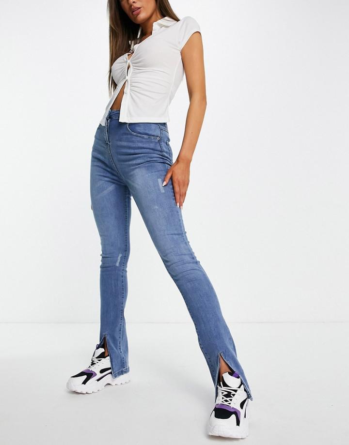 Parisian Front Slit Flared Jeans In Light Blue