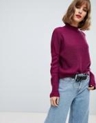 Asos Design Sweater With Stitch Sleeve Detail-purple