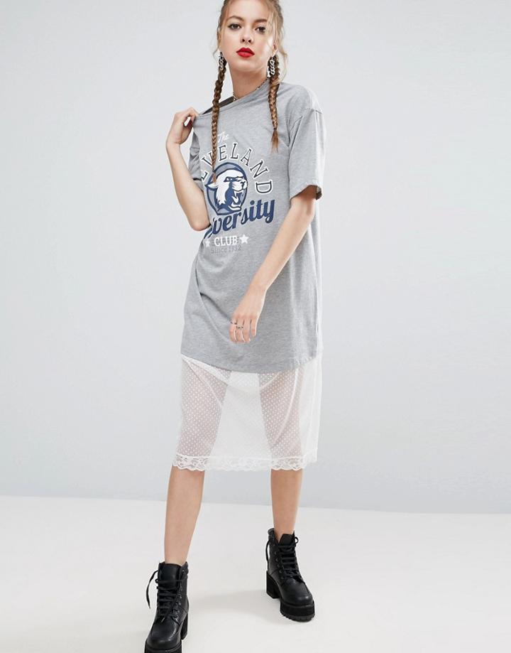 Asos Cleveland Midi T-shirt Dress With Dobby Mesh Hem - Gray